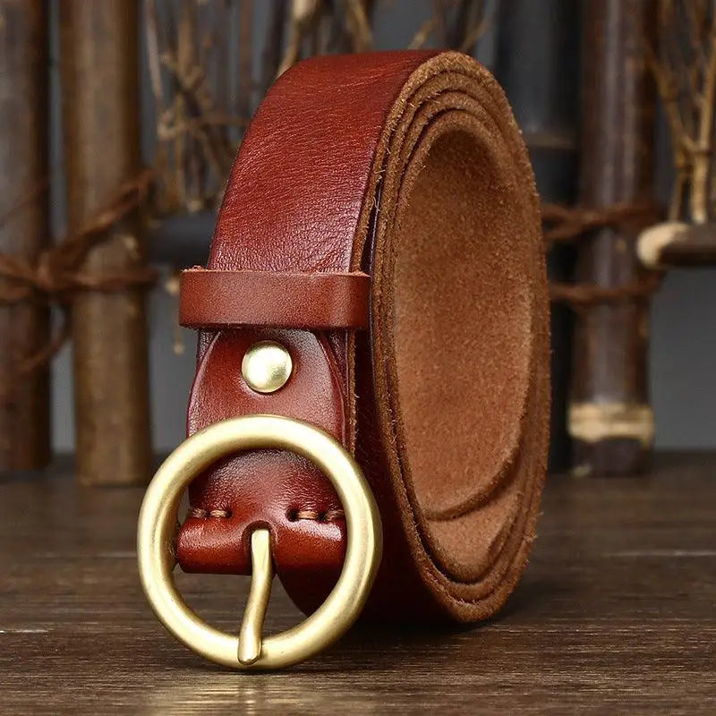 Rolled brown leather belt with brass buckle from Leather Belts with Brass and Gold Buckles collection
