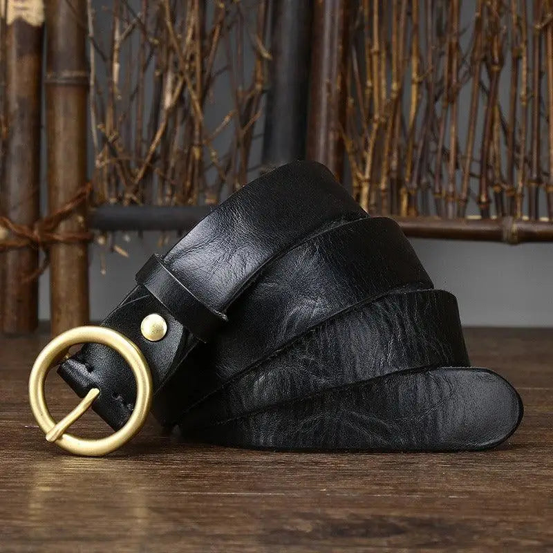 Black leather belt featuring a gold buckle from Leather Belts with Brass and Gold Buckles collection