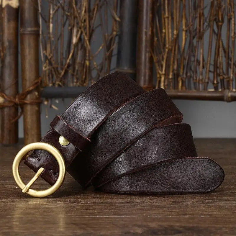 Brown leather belt with a circular gold buckle from Leather Belts with Brass and Gold Buckles