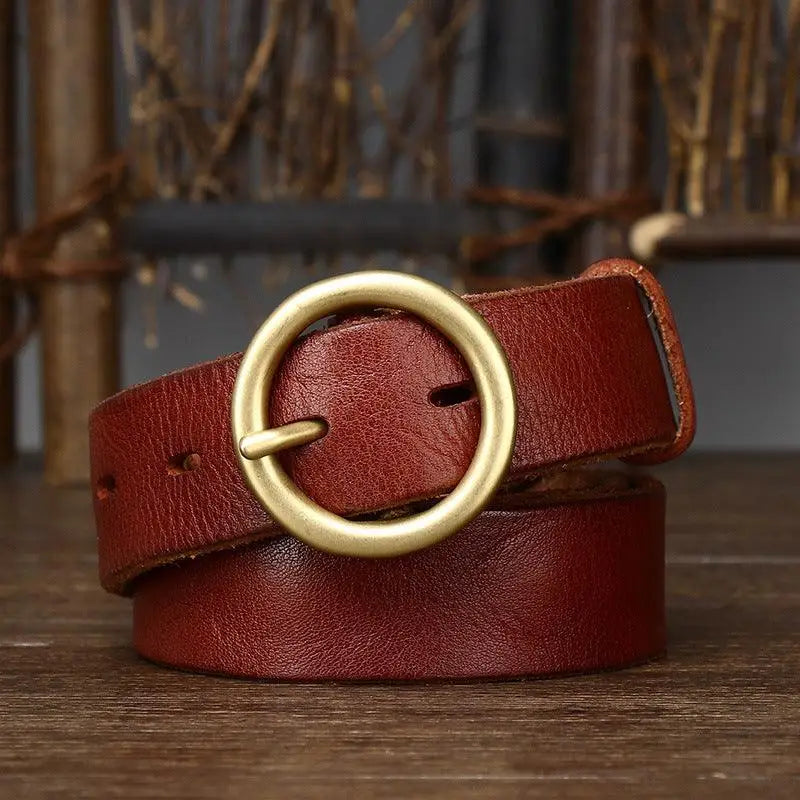 Brown leather belt with a circular brass buckle from Leather Belts with Brass and Gold Buckles