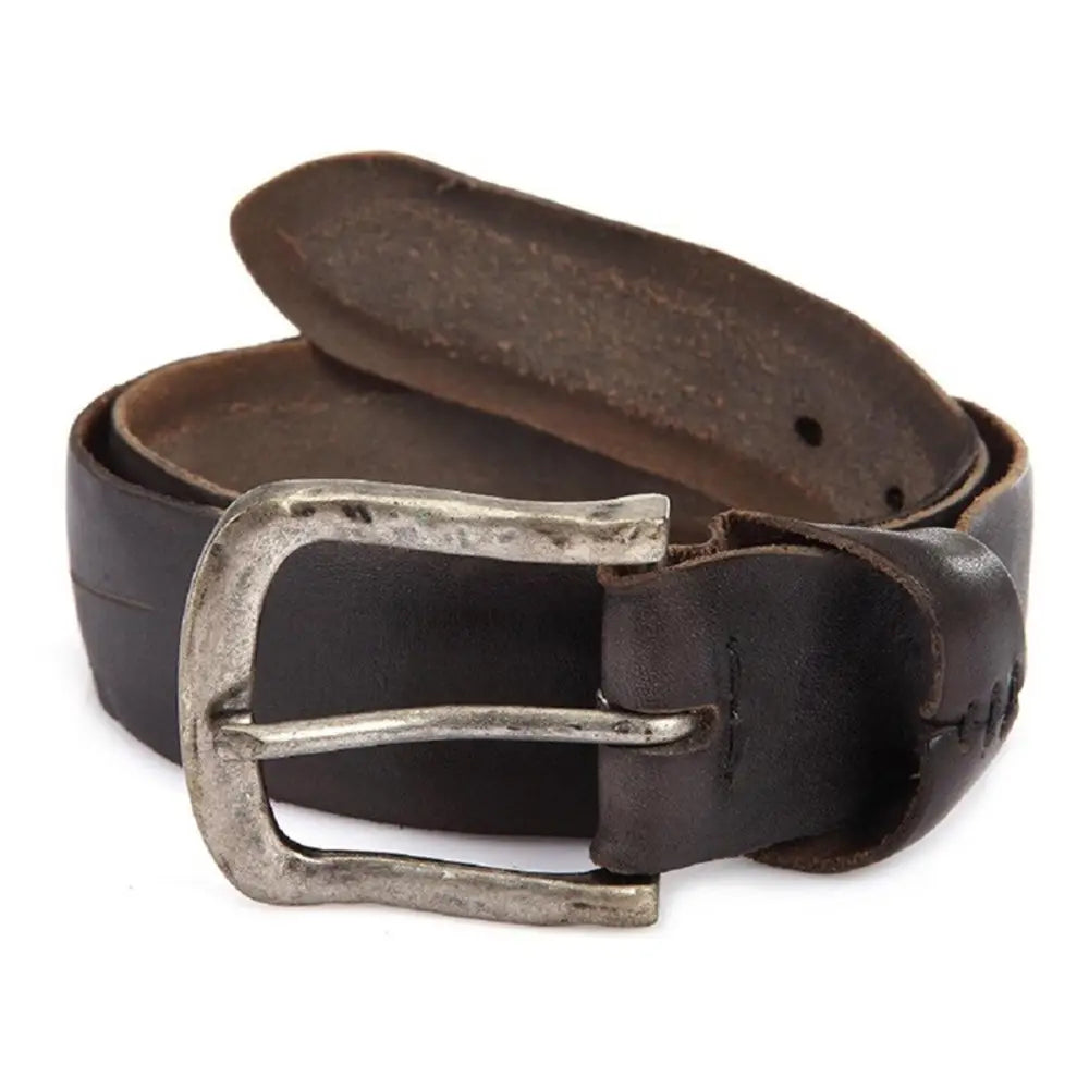 Brown leather belt with silver buckle for elegant style and versatile fashion accessory