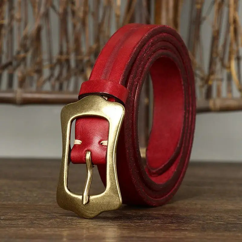 Red leather belt with brass buckle from Radhika Leather Belt for stylish wear