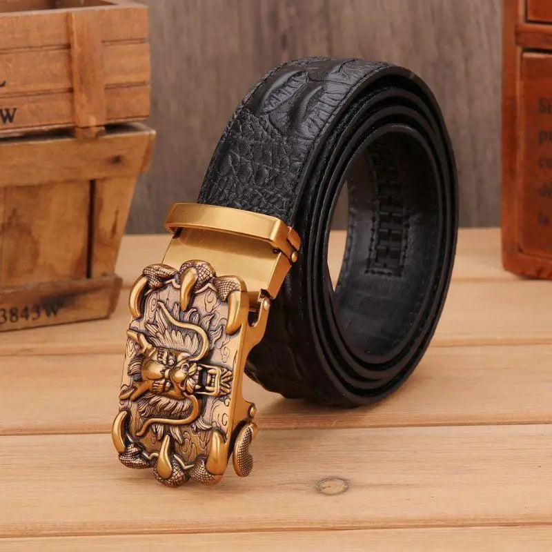 Black leather belt with dragon buckle for stylish accessories and fashion statements