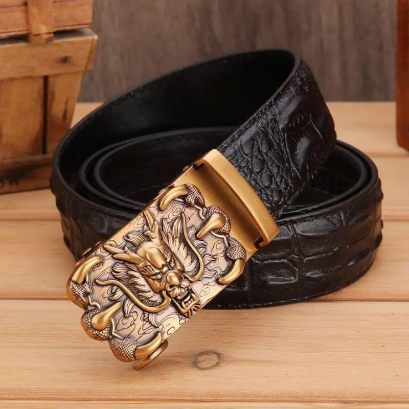 Black crocodile leather belt with dragon buckle shown in the brown crocodile leather belt product image