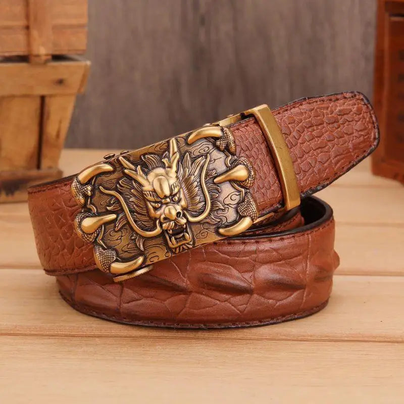 Brown crocodile leather belt featuring a detailed dragon buckle accessory