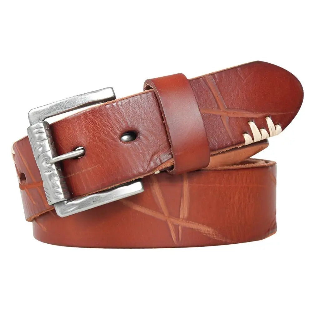 Brown leather belt with silver buckle featured with Denim Vest and Leather Accessory