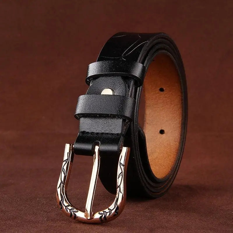 Black leather belt featuring a decorative gold buckle from Leather Belts with Decorative Buckles in Various Colors
