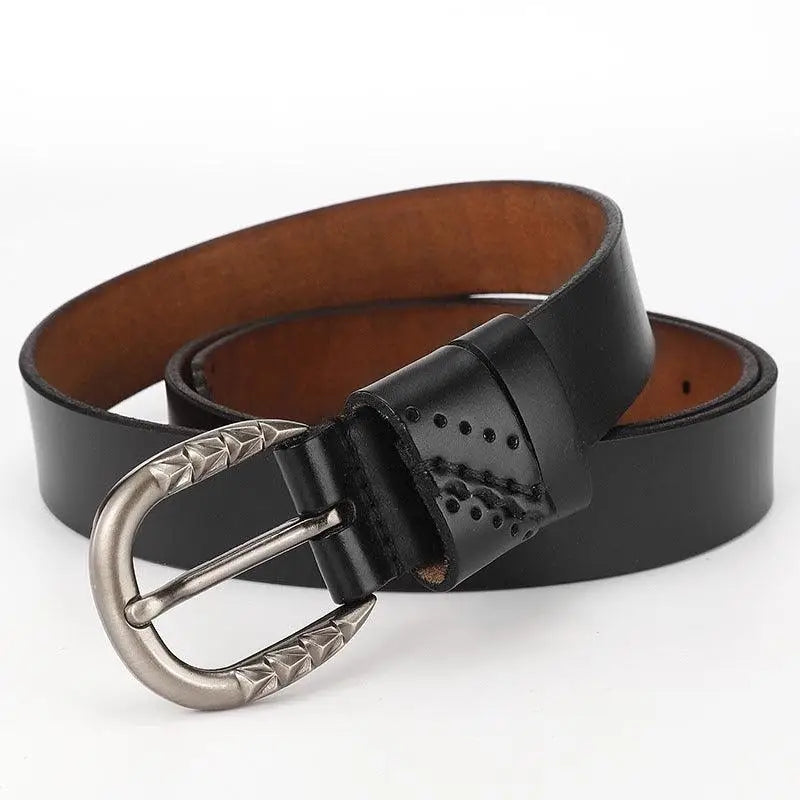 Black leather belt with a silver decorative buckle displayed in the product image
