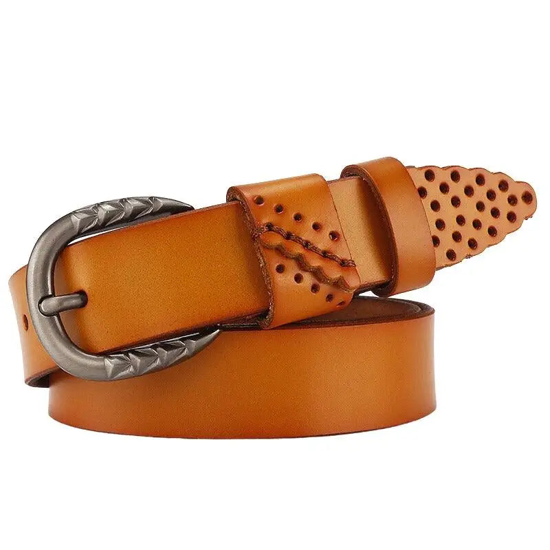 Brown leather belt with decorative buckle and perforated end displayed with Black Leather Belt