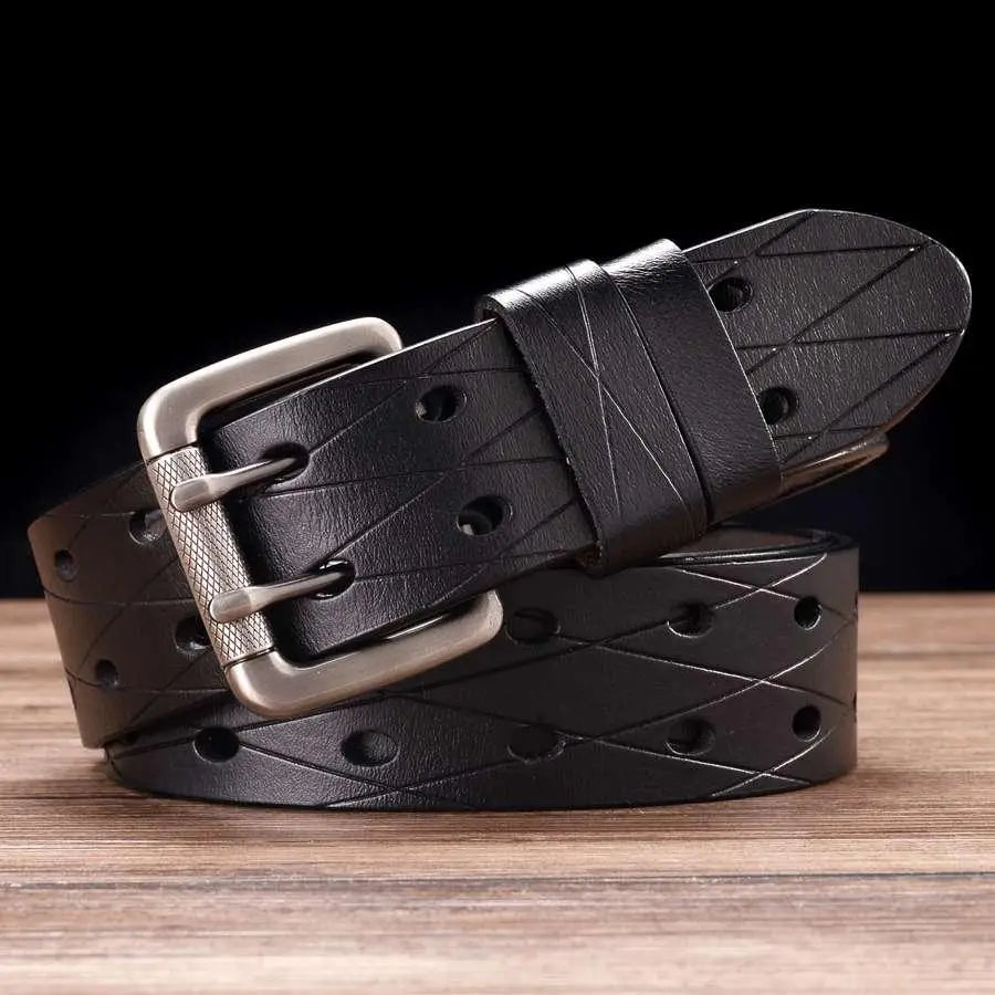 High-quality split leather belt with double prong buckle and geometric cutouts