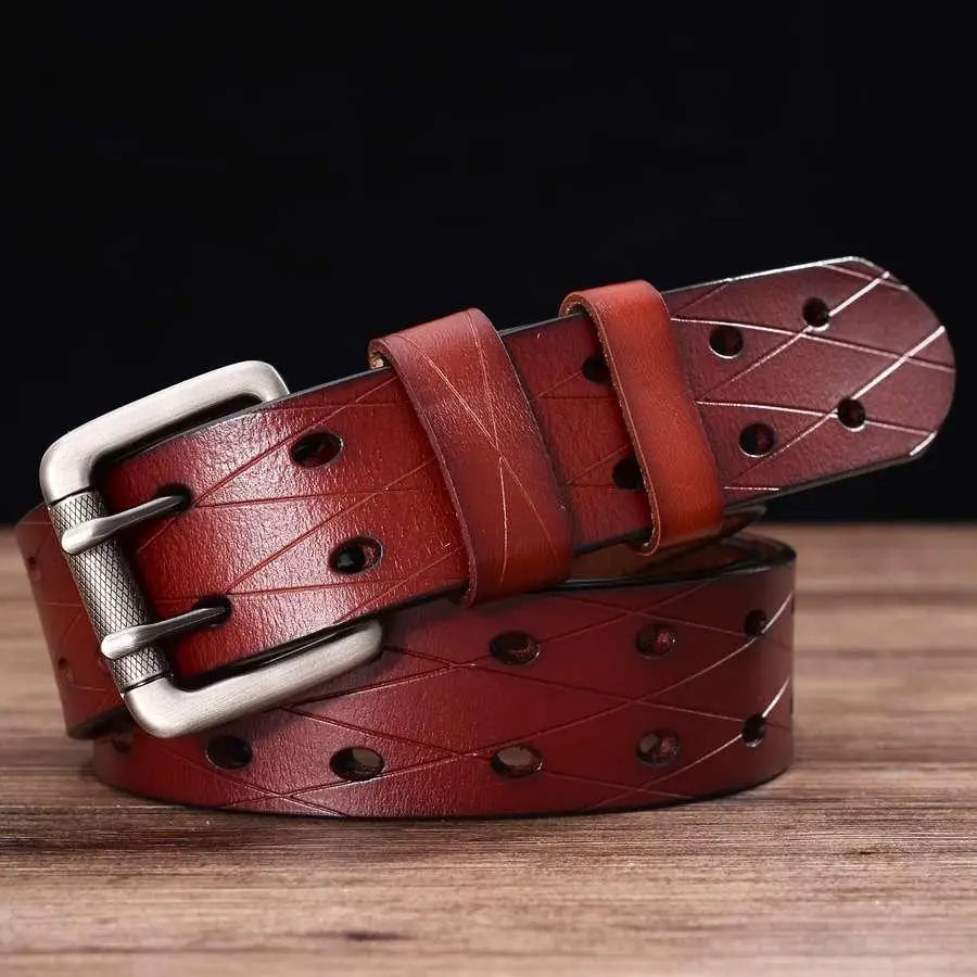 Maroon high-quality split leather belt with silver buckle and geometric cutouts