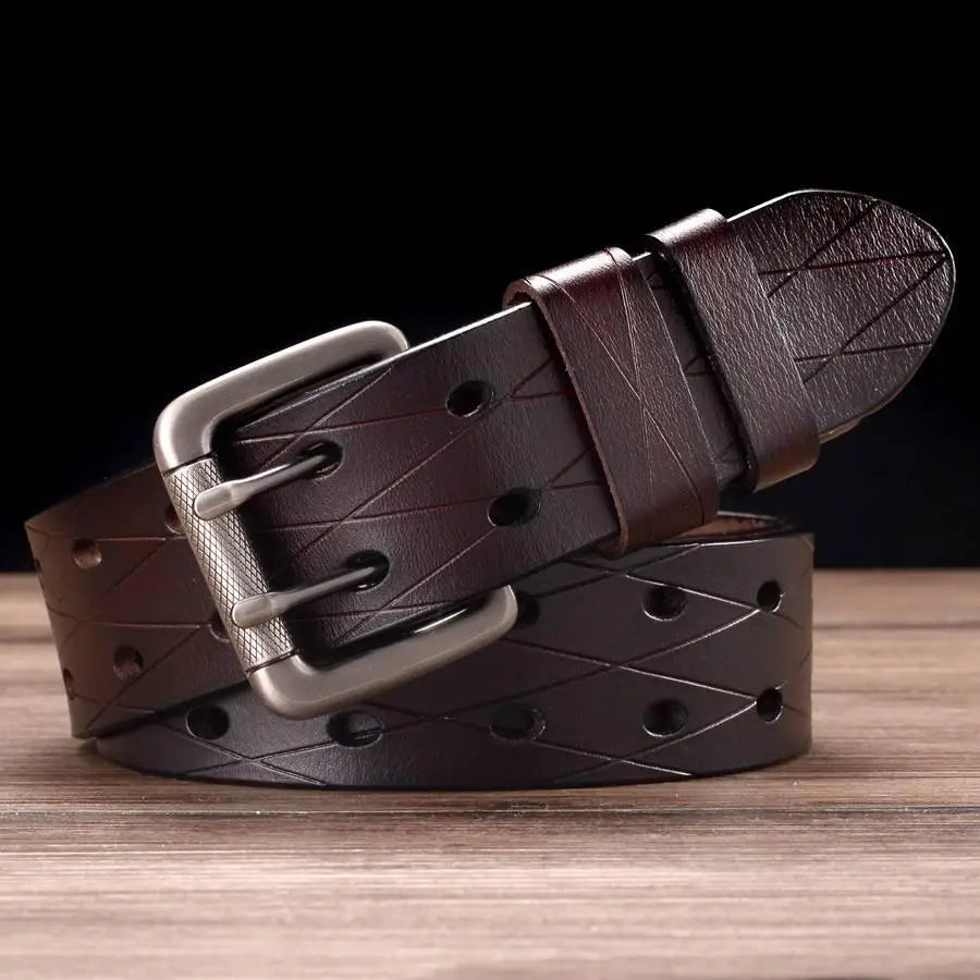 High-quality split leather belt with double prong buckle and geometric cutouts