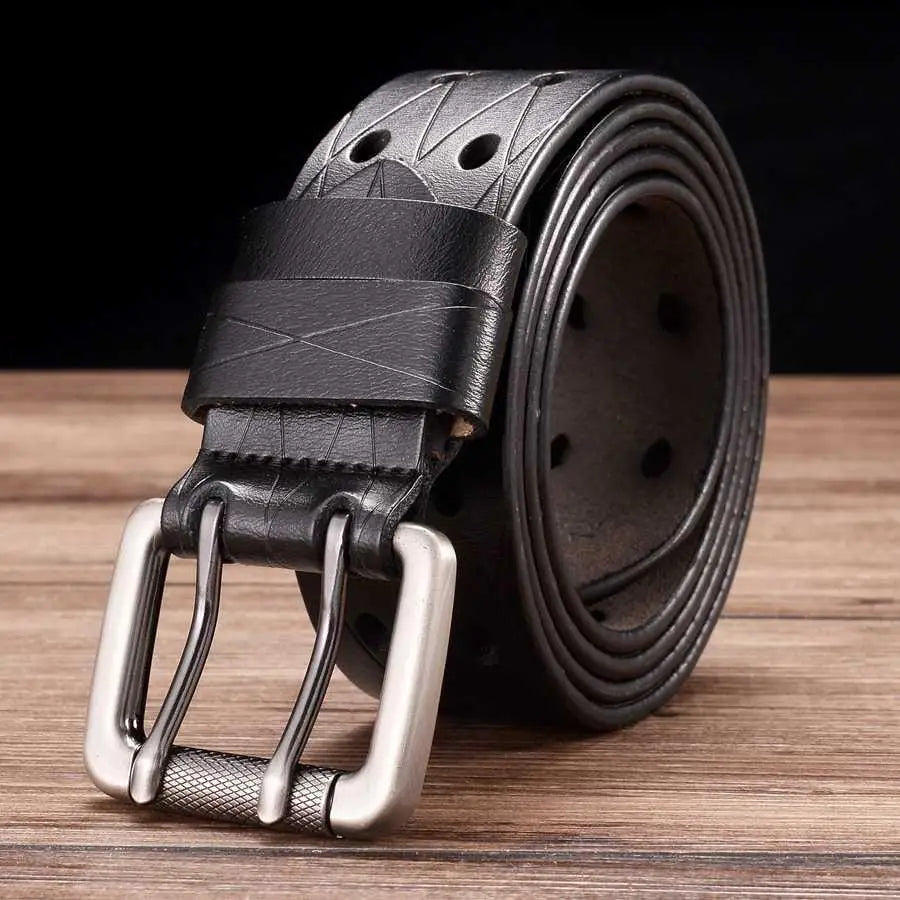 High-quality split leather belt with silver buckle and geometric cutouts