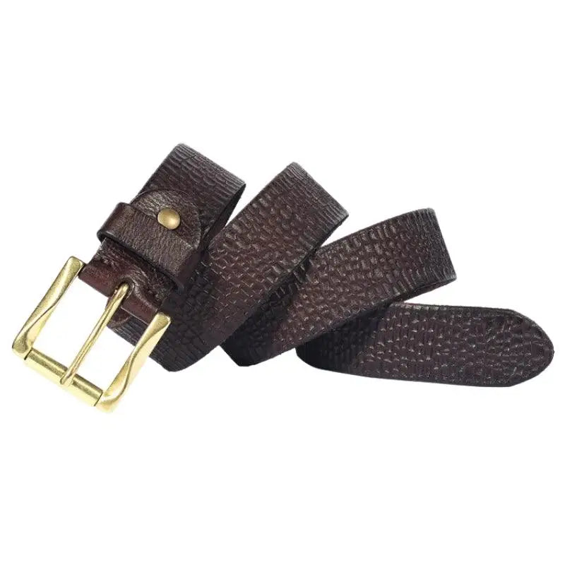 Sinaaq cracked leather belt with gold buckle, textured brown cracked leather accessory