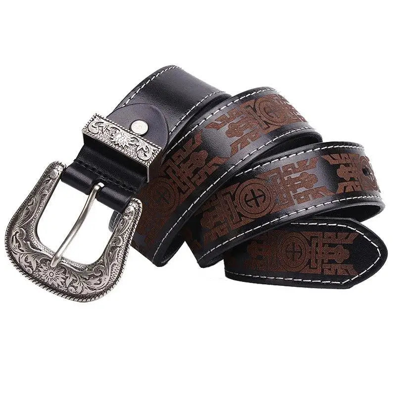 Embossed western leather belt with ornate buckle for classic style