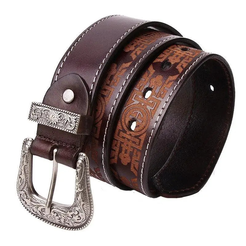 Western leather belt with silver buckle and decorative stitching for classic style