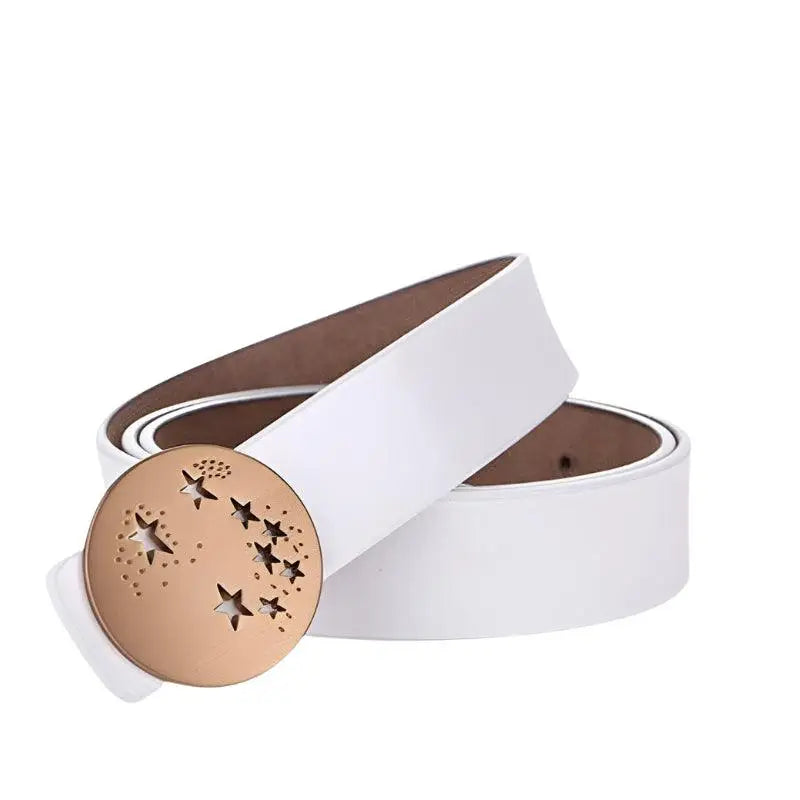 White belt featuring a star-patterned buckle from Leather Belts with Decorative Buckles in Brown Finishes