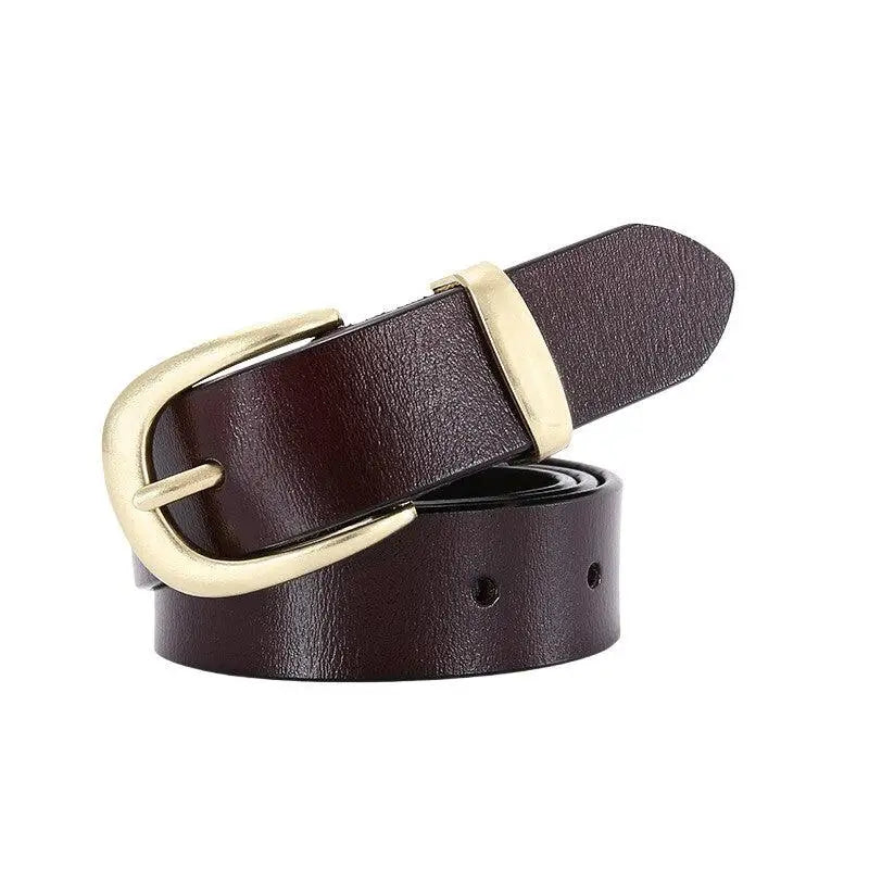 Brown leather belt with a golden buckle, paired with Distressed Blue Jeans and Leather Belts