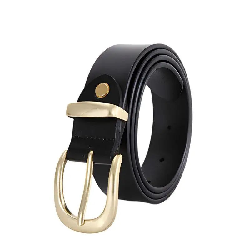 Black leather belt with a golden buckle designed for Distressed Blue Jeans with Golden Buckle Leather Belts