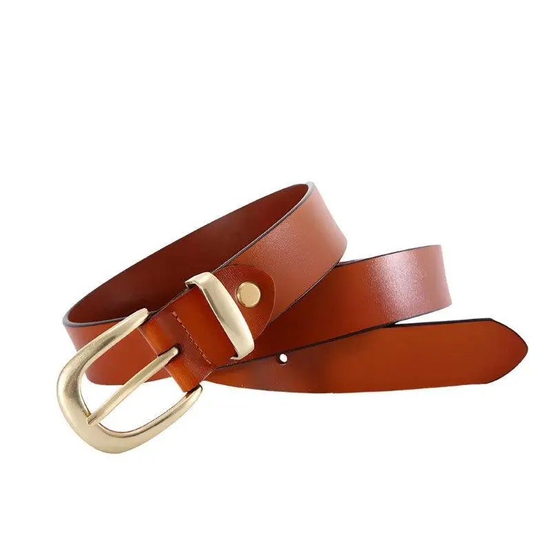 Brown leather belt with a golden buckle displayed with Distressed Blue Jeans and Golden Buckle Leather Belts
