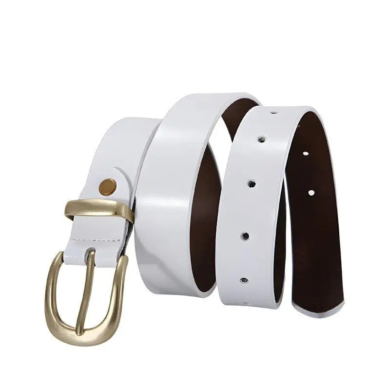 White leather belt with a stylish gold buckle featured in Distressed Blue Jeans with Golden Buckle Leather Belts