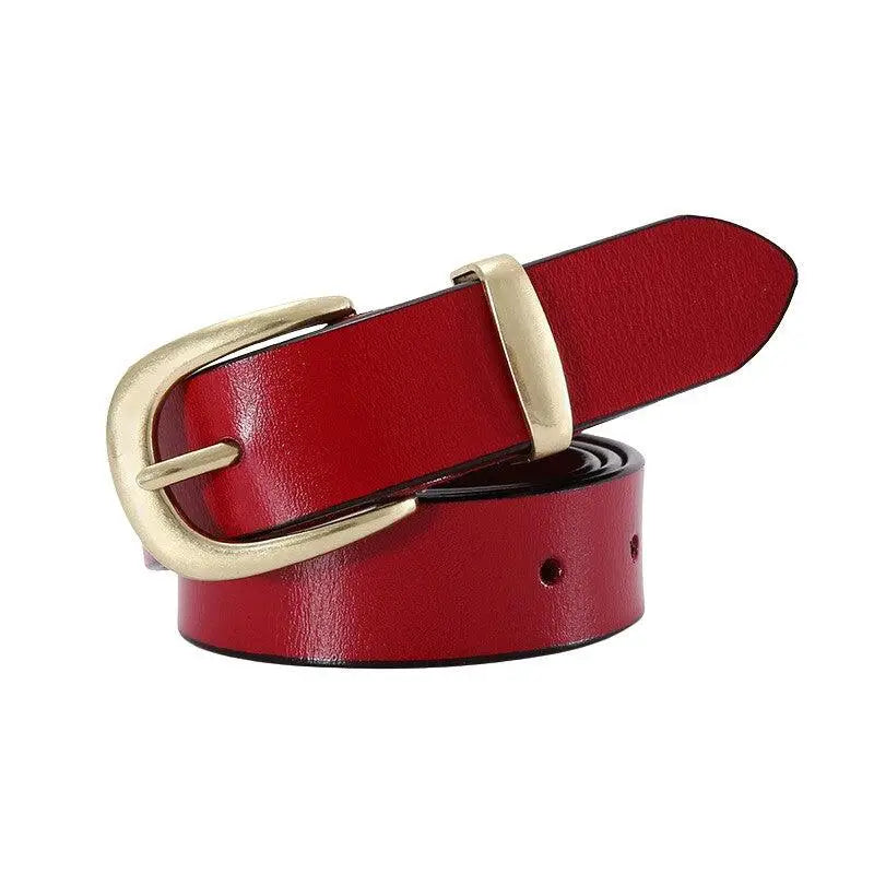 Red leather belt with a prominent golden buckle featured with Distressed Blue Jeans and Golden Buckle Leather Belts