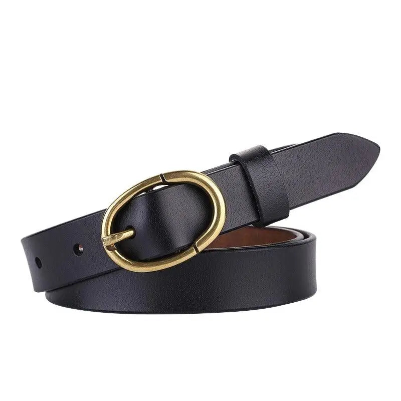 Black leather belt with oval gold buckle featured in Elegant Dresses and Belts collection