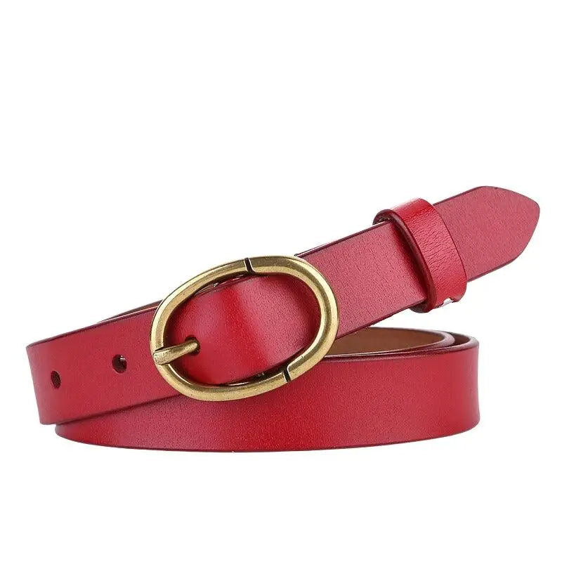 Red leather belt with an oval brass buckle from Elegant Dresses and Belts in Burgundy tones