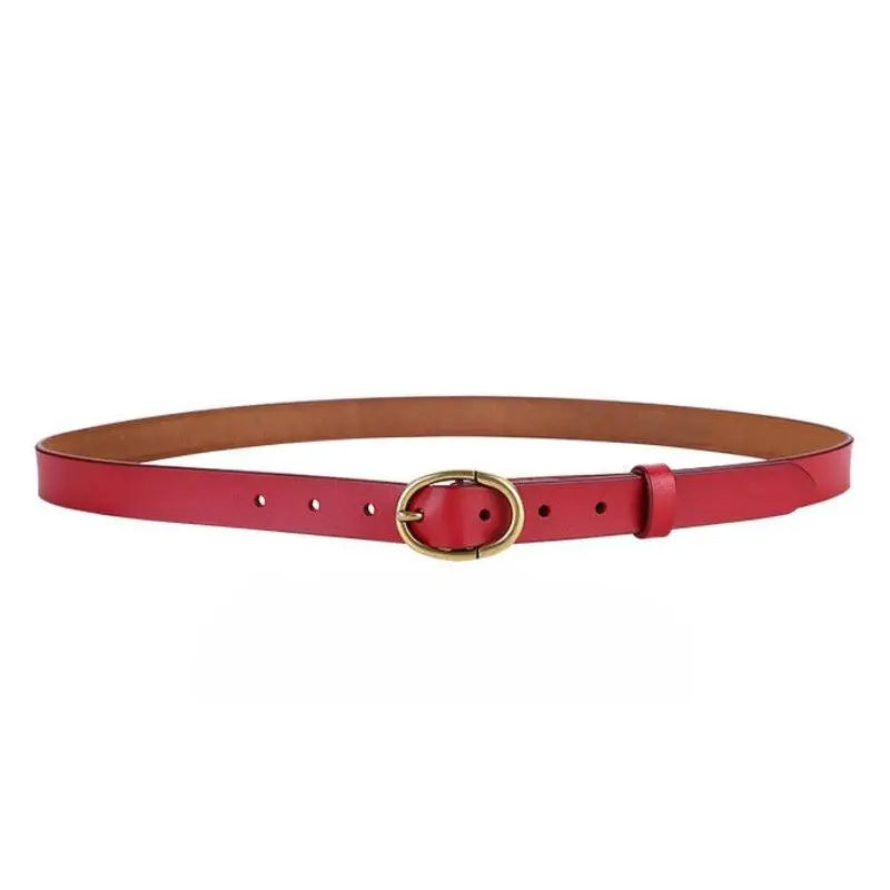 Red leather belt with oval buckle featured in Elegant Dresses and Belts collection