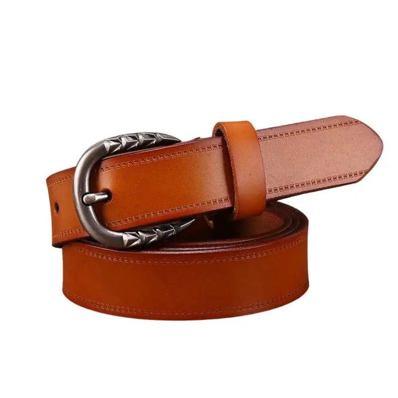 Gaby Belt in brown leather with an ornate decorative buckle for stylish accessorizing