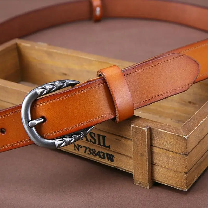 Gaby Belt in Brown Leather with Ornate Decorative Buckle, stylish women’s accessory