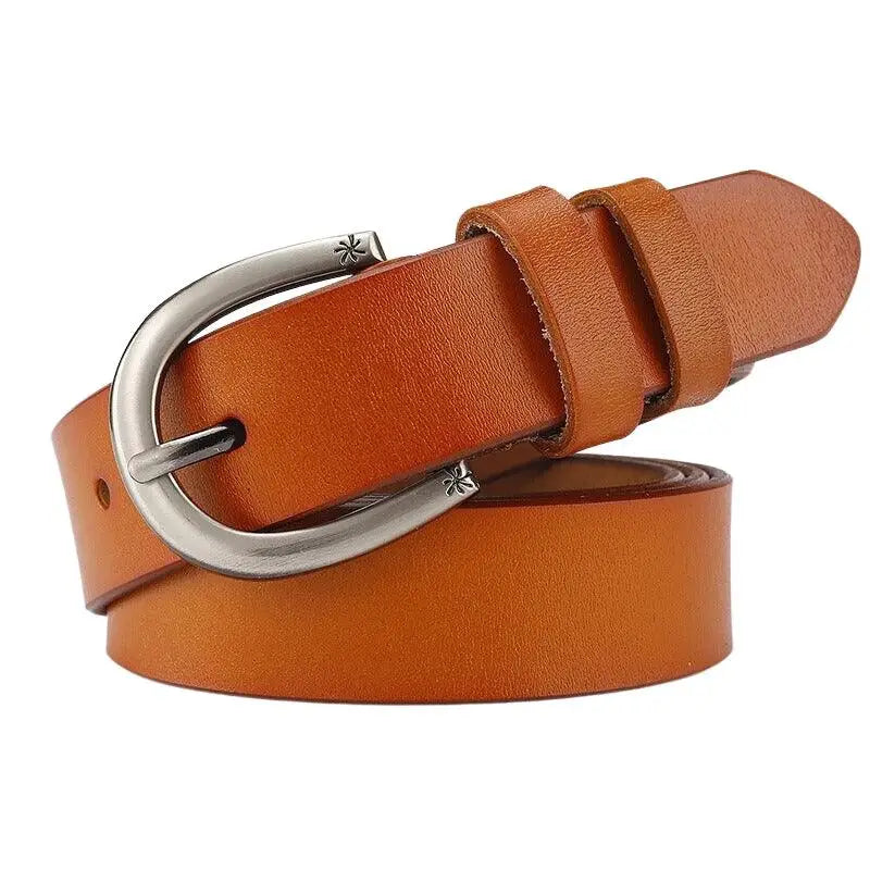 Assorted Brown Leather Belts with Silver Buckles displayed, highlighting a brown leather belt with a silver buckle