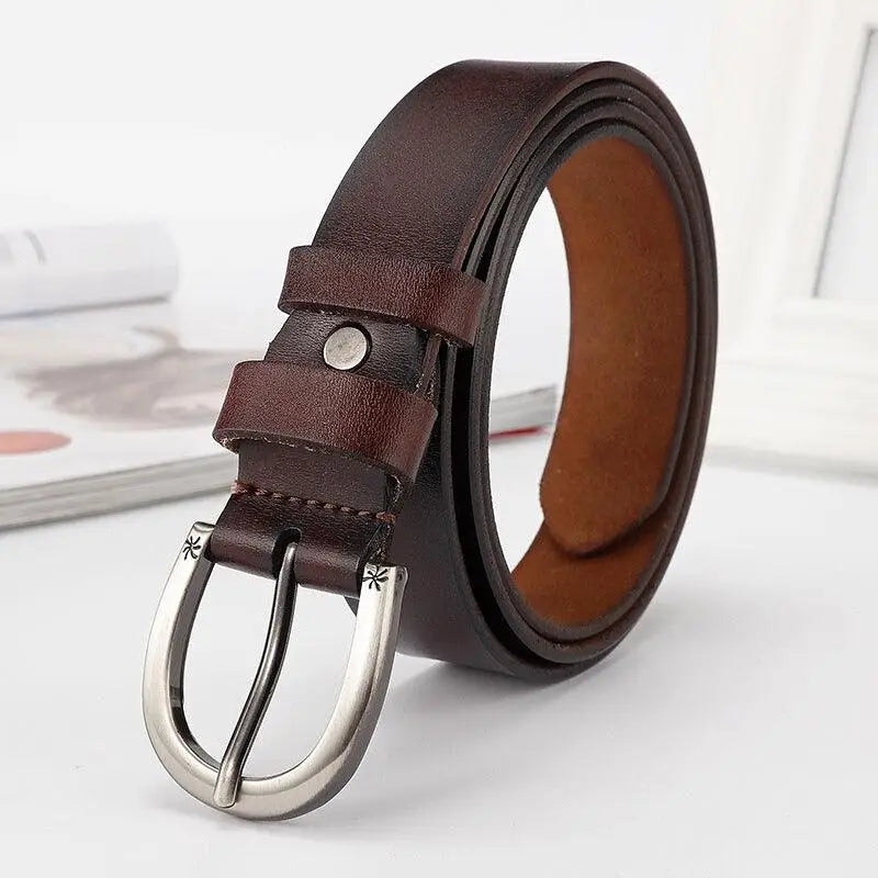 Assorted brown leather belts with silver buckles displayed on a product page