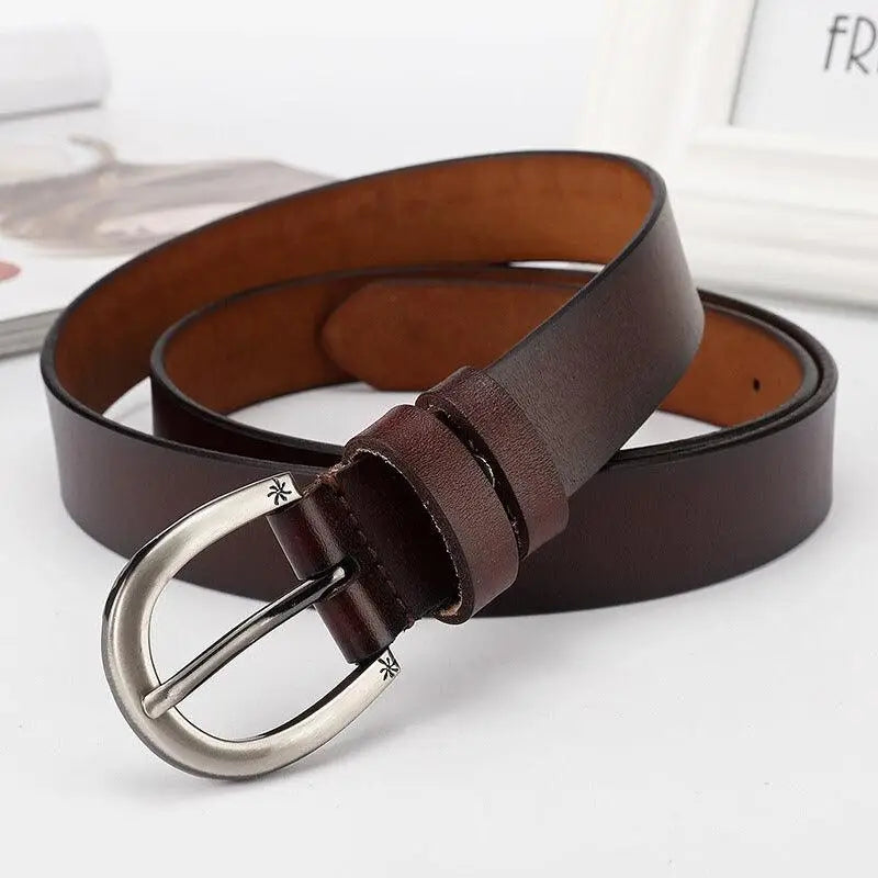 Assorted brown leather belts with silver buckles displayed in a product listing