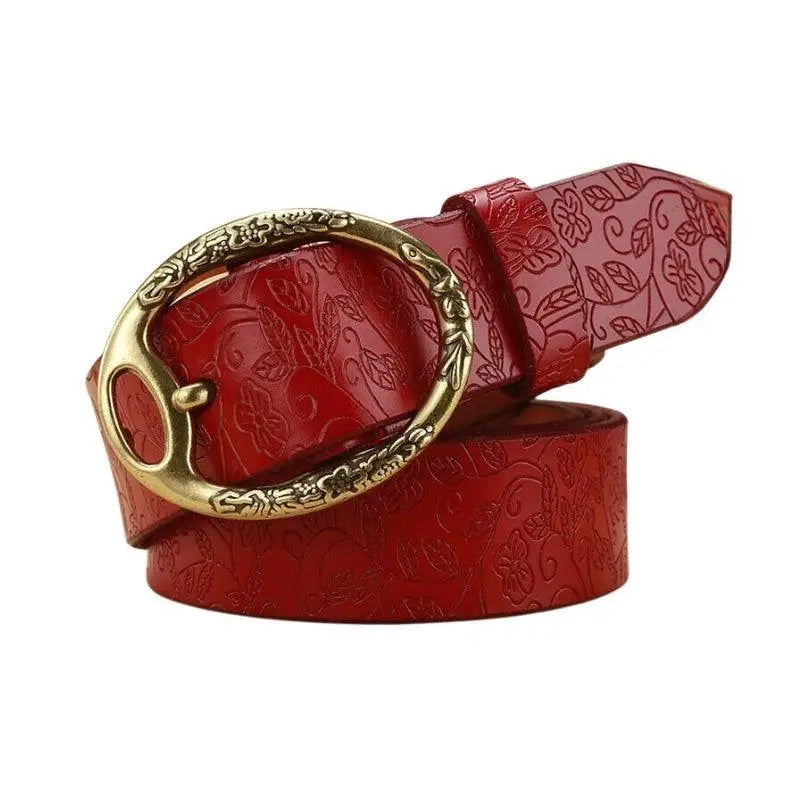 Itotia Bohemian Leather belt with floral pattern and ornate gold buckle for bohemian style