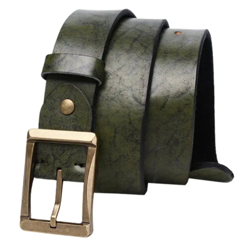 Green leather belt with a gold buckle from Assorted Leather Belts with Brass and Gold Buckles
