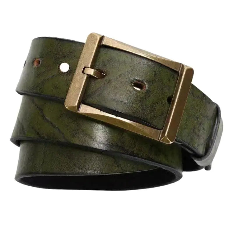 Green leather belt with brass buckle from Assorted Leather Belts with Brass and Gold Buckles