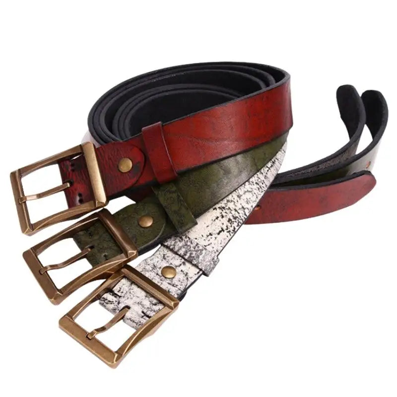 Assorted leather belts with brass and gold buckles displayed for the product listing