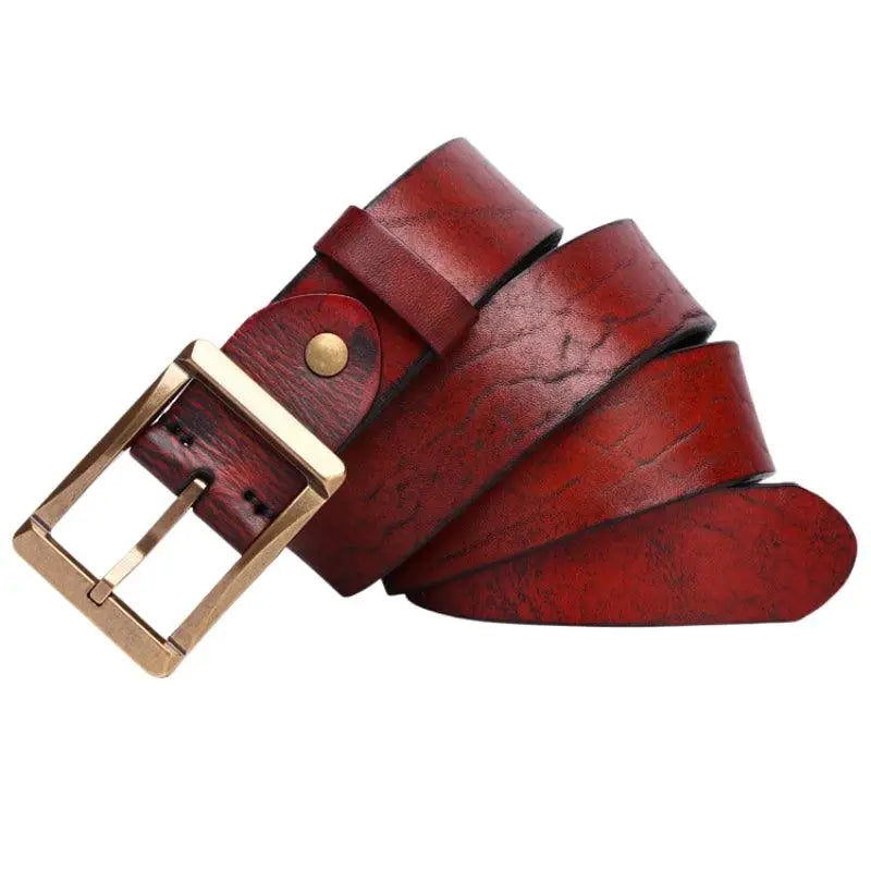 Maroon leather belt with a gold buckle from Assorted Leather Belts with Brass and Gold Buckles