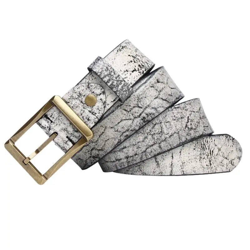 White and gray textured leather belt with a gold buckle from Assorted Leather Belts collection
