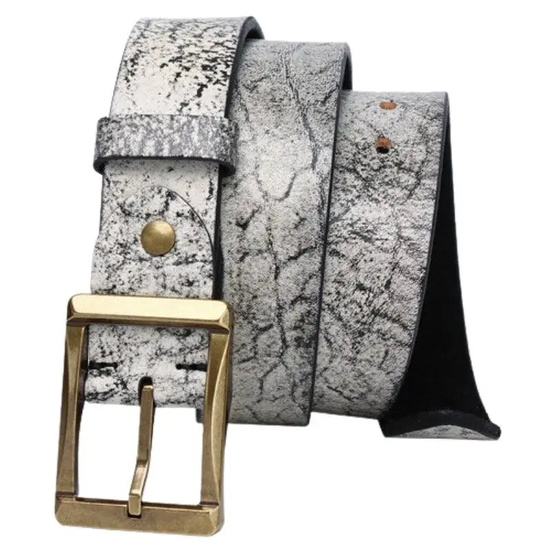White and gray patterned leather belt with a gold buckle from Assorted Leather Belts collection