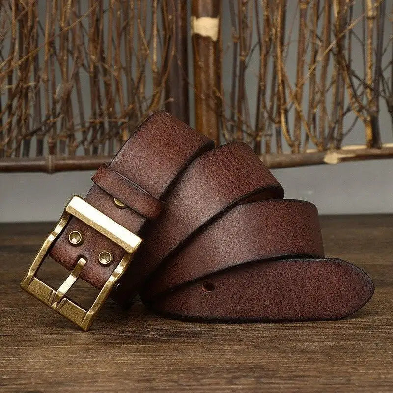 Brown grain leather belt with a gold brass buckle from Assorted Grain Leather Belts collection