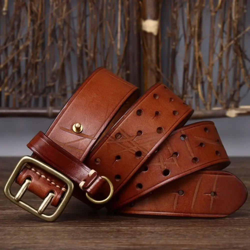 Osomache leather belt with double-prong buckle in brown, high-quality leather belt