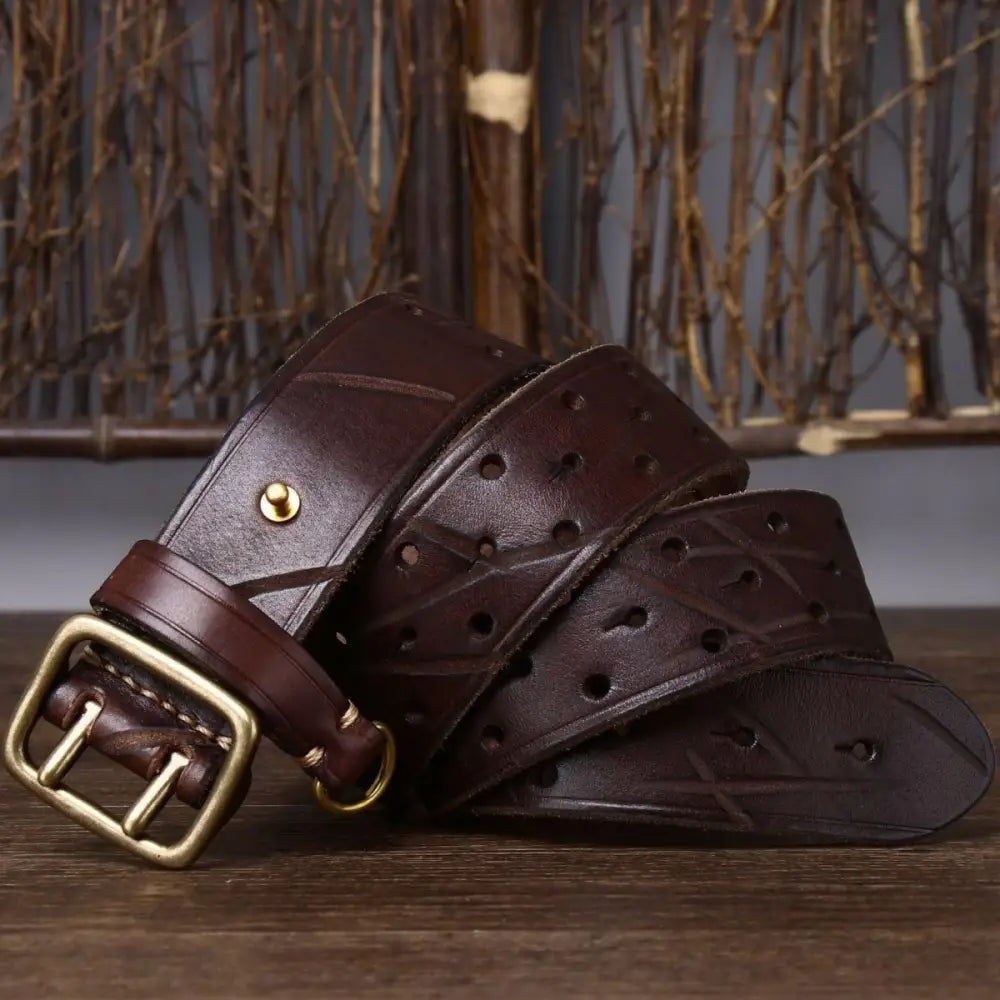 Osomache leather belt with brass buckle in brown, stylish leather belt accessory