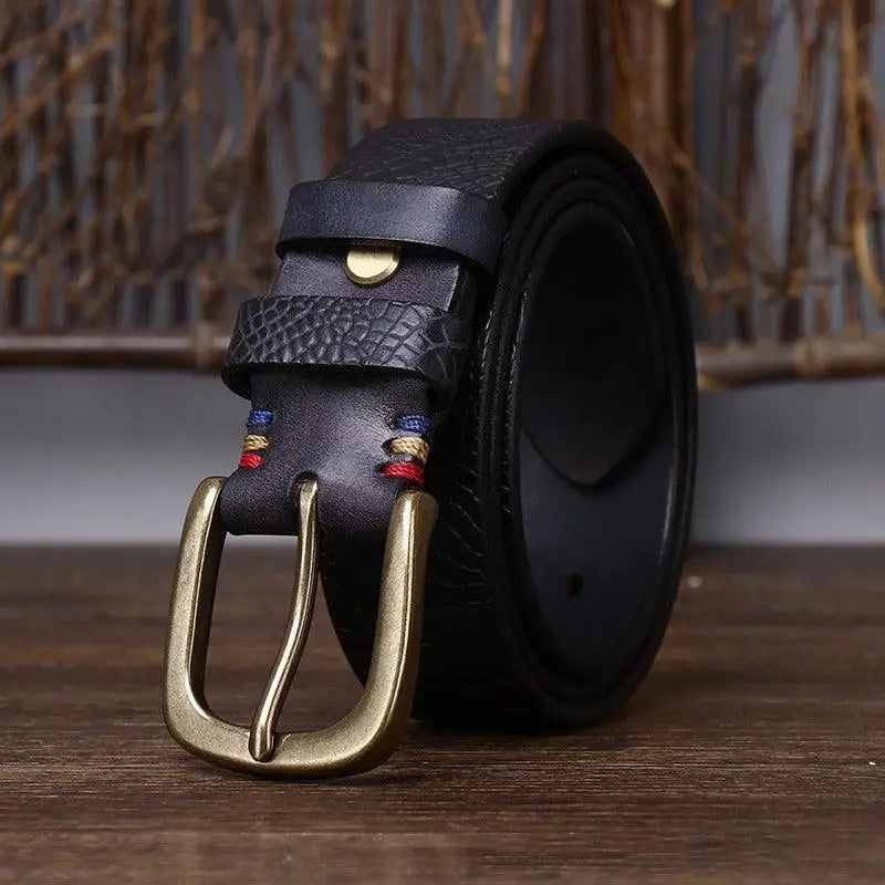 Black leather belt with brass buckle, suitable for men and women, ceinture en cuir