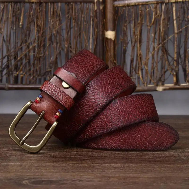 Textured burgundy leather belt with brass buckle from Assorted Leather Belts collection