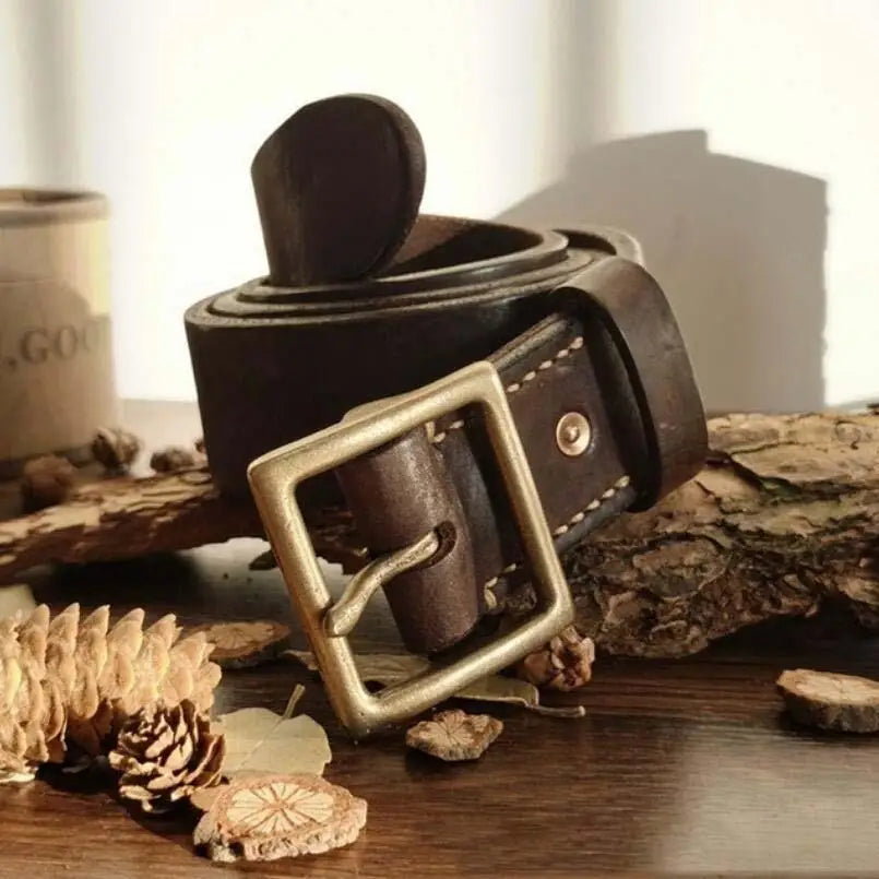 Set of two brown leather belts with brass buckles, stylish and durable accessories