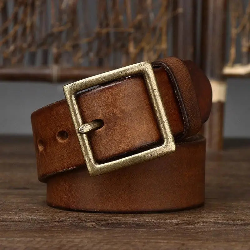 Set of two brown leather belts with brass square buckles for stylish men’s fashion