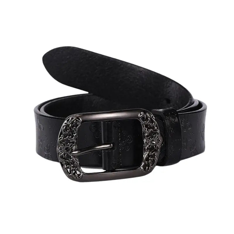 Black leather belt featuring an ornate buckle from Ornate Buckle Belts collection