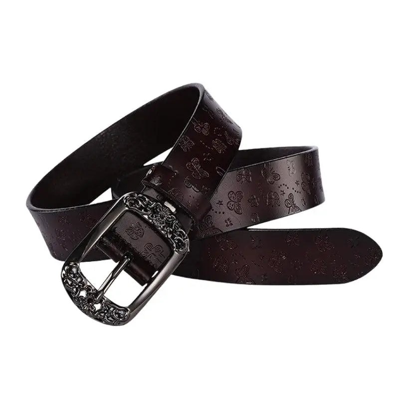 Dark brown leather belt with decorative buckle from Ornate Buckle Belts collection